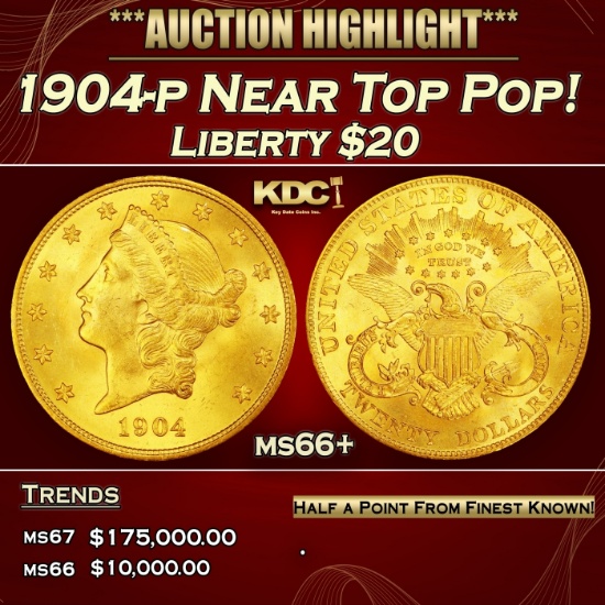1904-p Gold Liberty Double Eagle Near Top Pop! $20 ms66+ SEGS