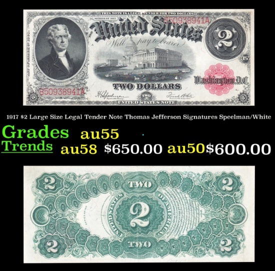 1917 $2 Large Size Legal Tender Note Thomas Jefferson Grades Choice AU Signatures Speelman/White
