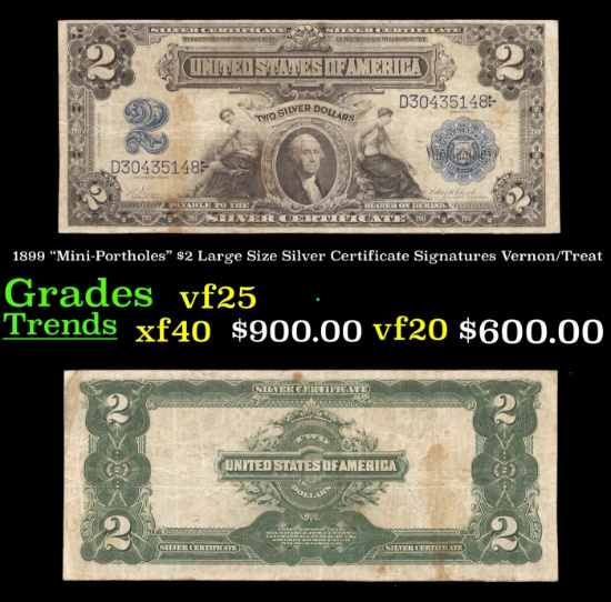 1899 $2 Large Size Silver Certificate "Mini-Portholes" Grades vf+ Signatures Vernon/Treat