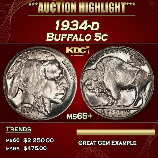 1934-d Buffalo Nickel 5c ms65+ SEGS