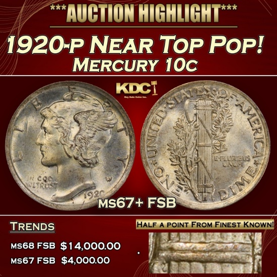 1920-p Mercury Dime Near Top Pop! 10c ms67+ FSB SEGS