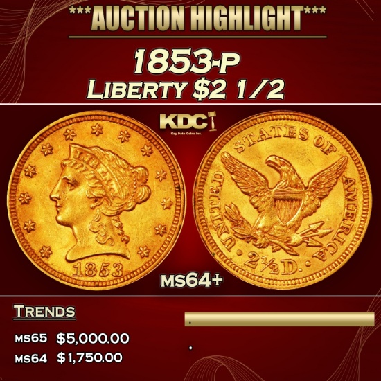 1853-p Gold Liberty Quarter Eagle $2 1/2 ms64+ SEGS