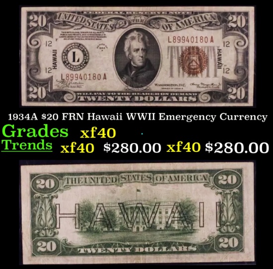 1934A $20 FRN Hawaii WWII Emergency Currency Grades xf