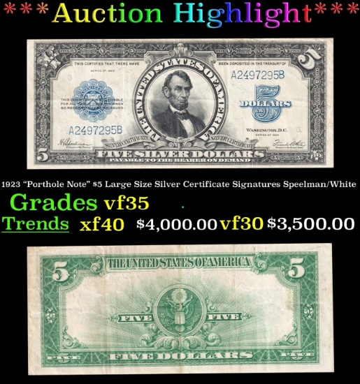 1923 $5 Large Size Silver Certificate "Porthole Note" Grades vf++ Signatures Speelman/White