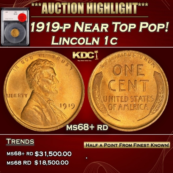 1919-p Lincoln Cent Near Top Pop! 1c ms68+ rd SEGS
