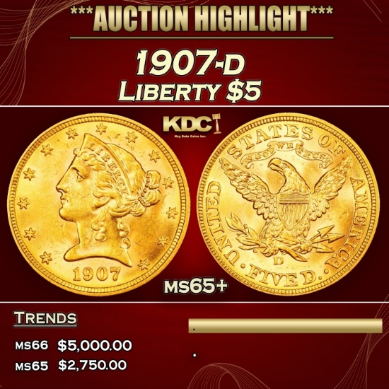 1907-d Gold Liberty Half Eagle $5 ms65+ SEGS