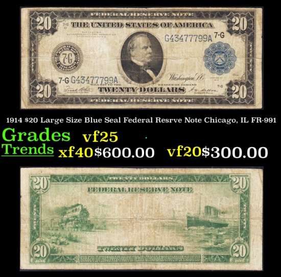 1914 $20 Large Size Blue Seal Federal Resrve Note Chicago, IL Grades vf+ FR-991