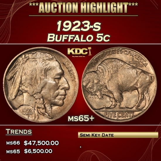 1923-s Buffalo Nickel 5c ms65+ SEGS