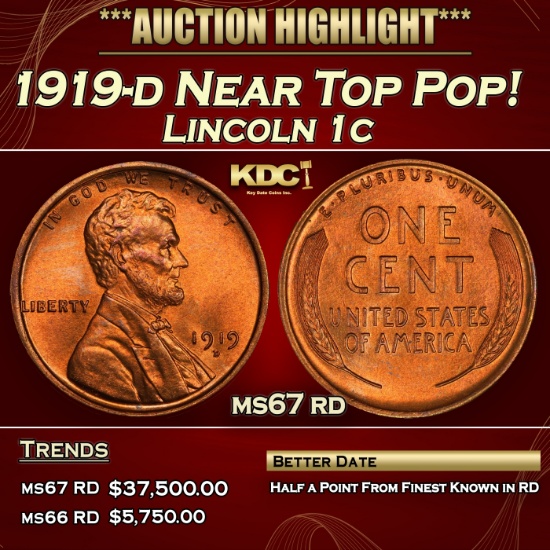1919-d Lincoln Cent Near Top Pop! 1c ms67 rd SEGS