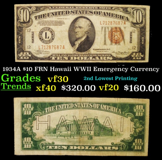 1934A $10 FRN Hawaii WWII Emergency Currency Grades vf++