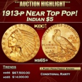 1913-p Gold Indian Half Eagle Near Top Pop! $5 GEM+ Unc USCG