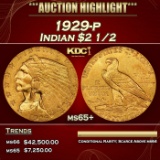 1929-p Gold Indian Quarter Eagle $2 1/2 ms65+ SEGS