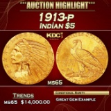 1913-p Gold Indian Half Eagle $5 GEM Unc USCG