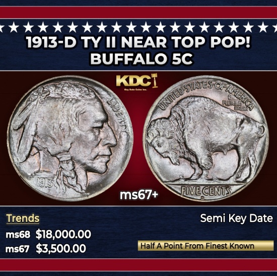 1913-d Ty II Buffalo Nickel Near Top Pop! 5c ms67+ SEGS