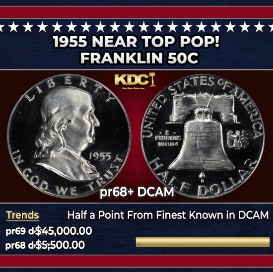 1955 Proof Franklin Half Dollar NEar Top Pop! 50c pr68+ DCAM SEGS