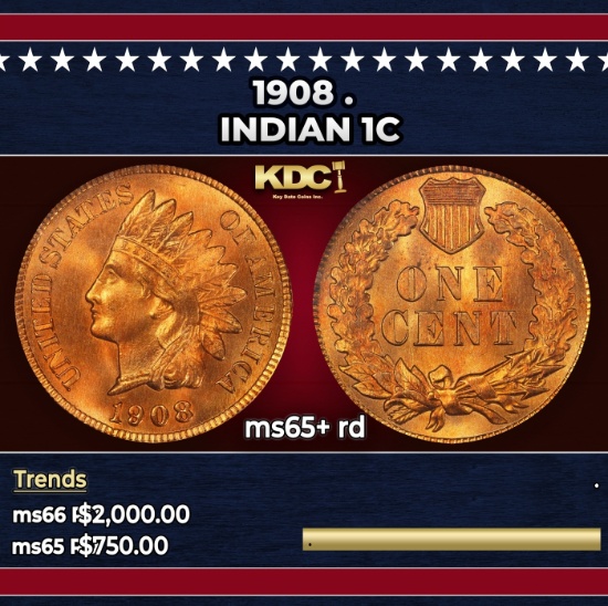 1908 Indian Cent . 1c ms65+ rd SEGS