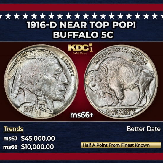 1916-d Buffalo Nickel Near Top Pop! 5c ms66+ SEGS