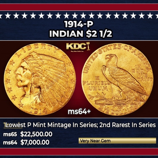 1914-p Gold Indian Quarter Eagle $2 1/2 ms64+ SEGS