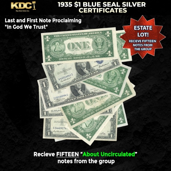 15x 1935 $1 Blue Seal Silver Certificates Grades AU