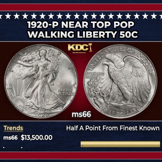 1920-p Walking Liberty Half Dollar Near Top Pop 50c ms66 SEGS