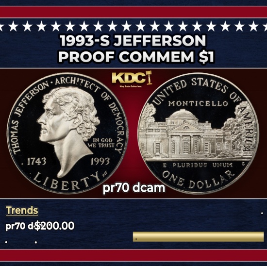 1993-s Jefferson Proof Modern Commem Dollar $1 pr70 dcam SEGS