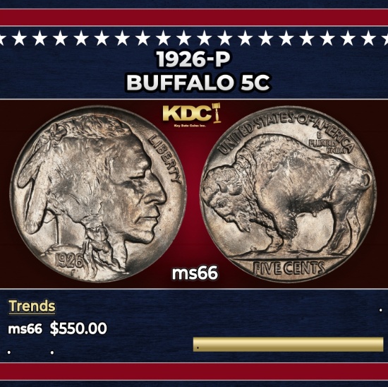 1926-p Buffalo Nickel 5c Grades ms66