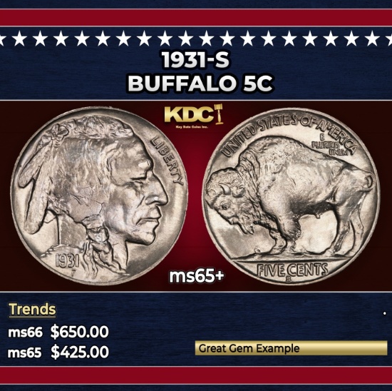 1931-s Buffalo Nickel 5c Grades ms65+
