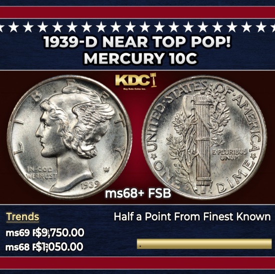 1939-d Mercury Dime Near Top Pop! 10c ms68+ FSB SEGS