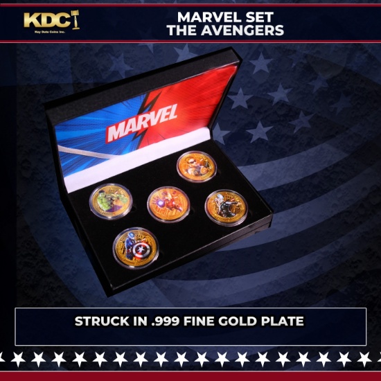 5 Coin Gold Plated Marvel Avengers Superhero Set Includes Hulk, Iron Man, Hawkeye, Thor, & Captain