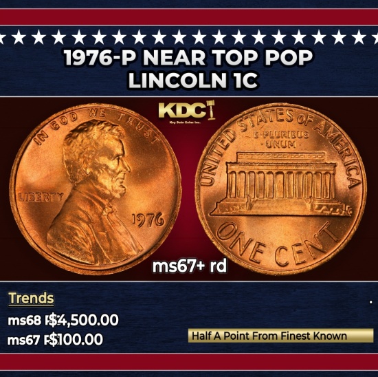 1976-p Lincoln Cent Near Top Pop 1c ms67+ rd SEGS