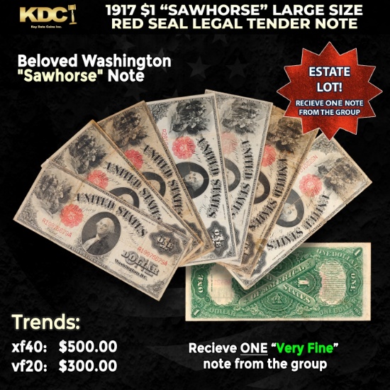 1x 1917 $1 Large Size Red Seal Legal Tender Note 'Sawhorse' Grades VF