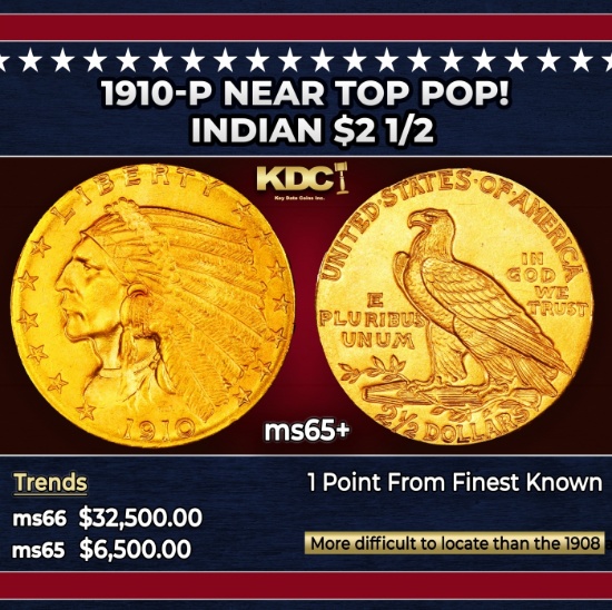1910-p Gold Indian Quarter Eagle Near Top Pop! $2 1/2 ms65+ SEGS