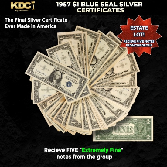 5x 1957 $1 Blue Seal Silver Certificates Grades XF