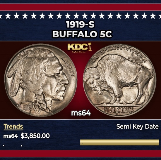 1919-s Buffalo Nickel 5c ms64 SEGS