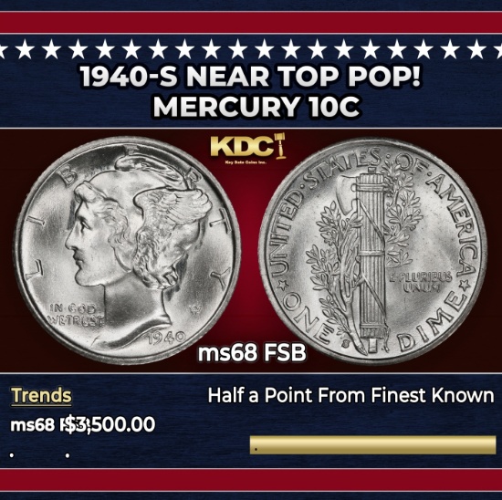 1940-s Mercury Dime Near Top Pop! 10c ms68 FSB SEGS