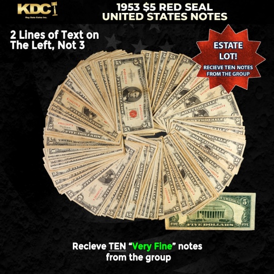 10x 1953 $5 Red Seal United States Note Grades VF
