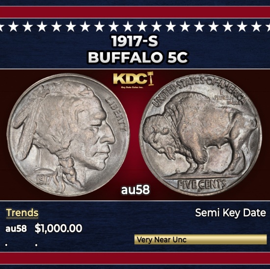 1917-s Buffalo Nickel 5c au58 SEGS