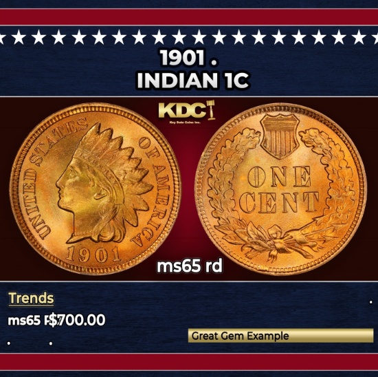 1901 Indian Cent . 1c Grades ms65 rd