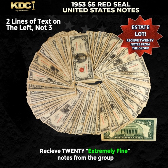 20x 1953 $5 Red Seal United States Note Grades XF