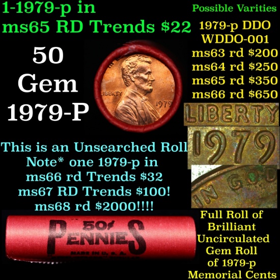 BU Shotgun Lincoln 1c roll, 1979-p 50 pcs Bank Wrapper 50c