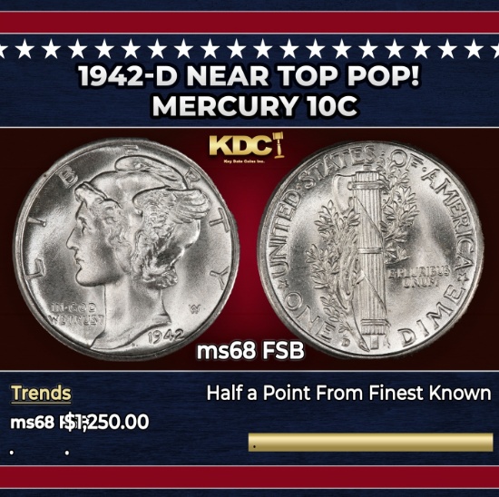 1942-d Mercury Dime Near Top Pop! 10c ms68 FSB SEGS