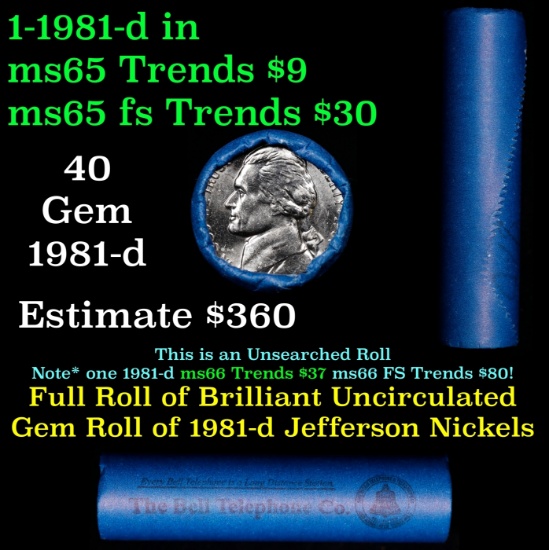 BU Shotgun Jefferson 5c roll, 1987-d 40 pcs Bank $2 Nickel Wrapper