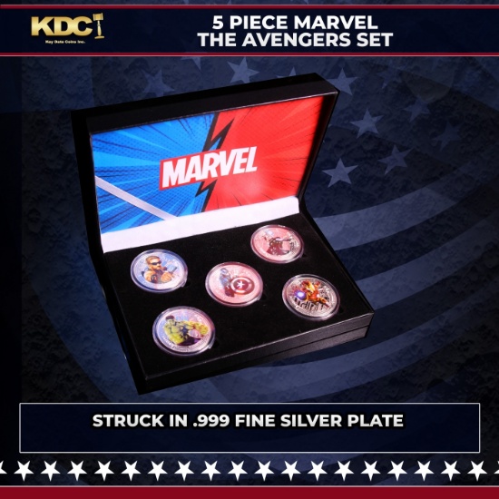 5 Coin Silver Plated Marvel Avengers Superhero Set Includes Hulk, Iron Man, Hawkeye, Thor, & Captain