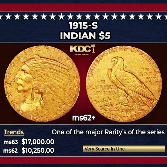 1915-s Gold Indian Half Eagle $5 ms62+ USCG