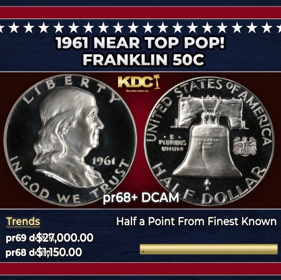 1961 Proof Franklin Half Dollar Near Top Pop! 50c pr68+ DCAM SEGS