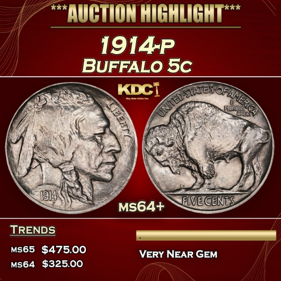 1914-p Buffalo Nickel 5c Grades ms64+