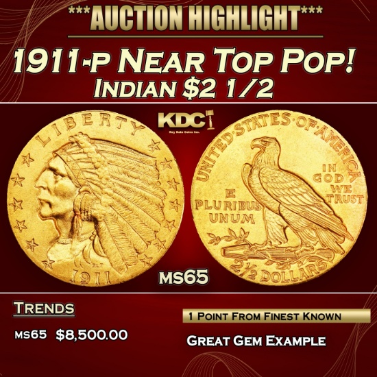 1911-p Gold Indian Quarter Eagle Near Top Pop! $2 1/2 ms65 SEGS
