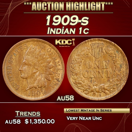 1909-s Indian Cent 1c au58 SEGS