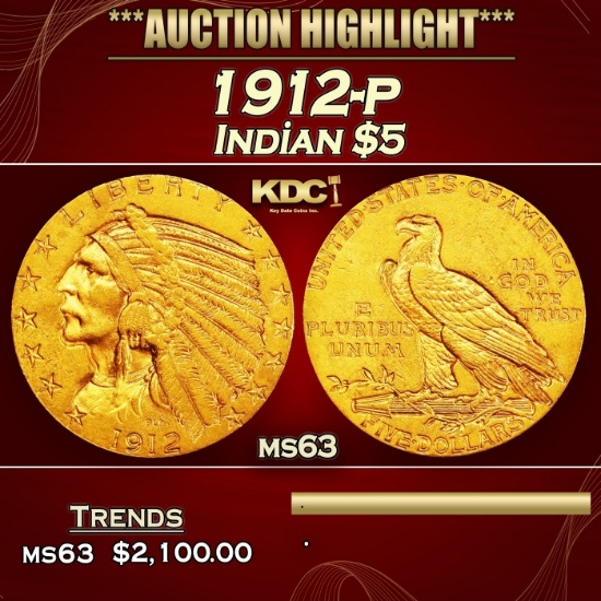 1912-p Gold Indian Half Eagle $5 ms63 USCG