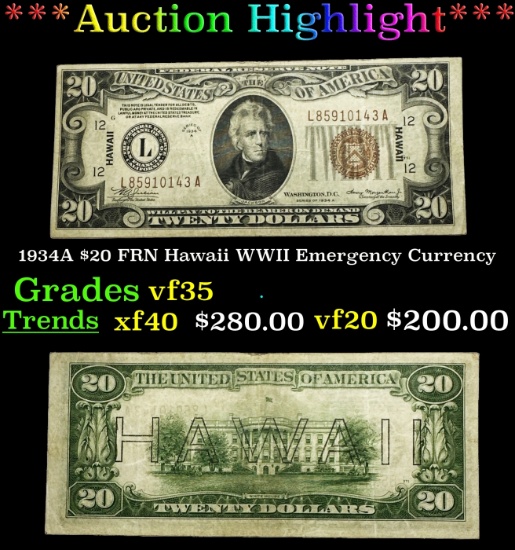 1934A $20 FRN Hawaii WWII Emergency Currency Grades vf++